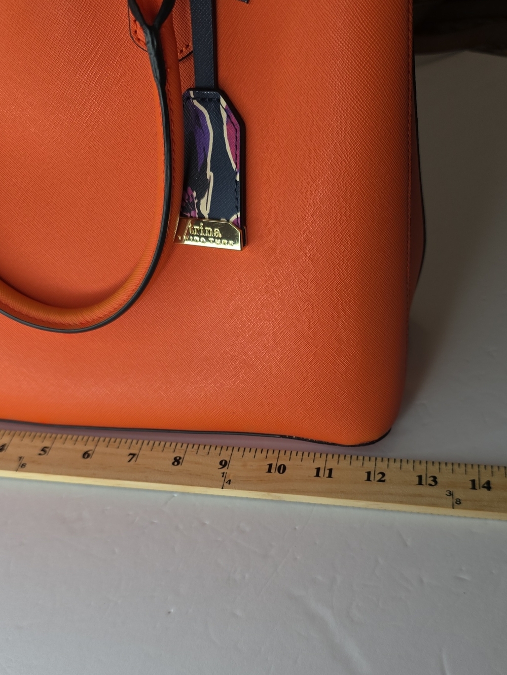 Trina Turk Orange Saffiano Satchel Bag Medium Floral Interior Vibrant Bold Autum - Picture 13 of 15
